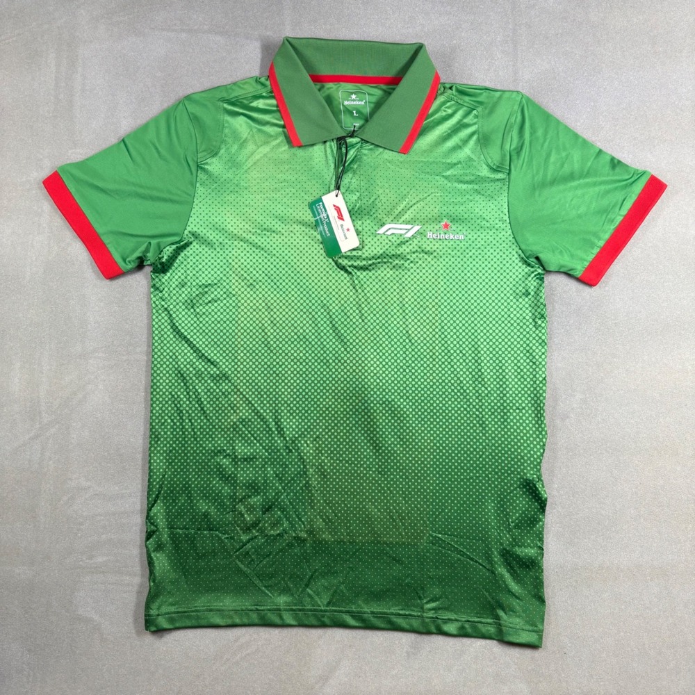 F1 Formula 1 Heineken Global Beer Partner Polo Shirt Green Red Mens L New